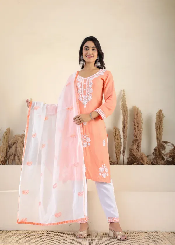 Peach_Rayon_Chikankari_Kurti_With_Dupatta_And_Bottom_Wear_3_Piece_Set_For_Women