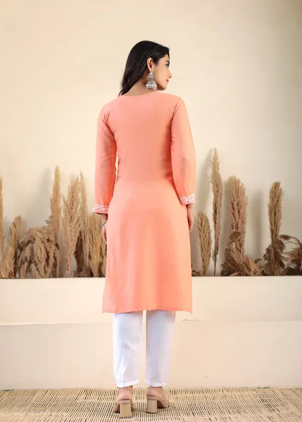 Peach_Rayon_Chikankari_Kurti_With_Dupatta_And_Bottom_Wear_3_Piece_Set_For_Women