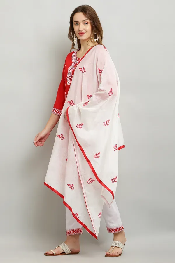 Red_Rayon_Kurti_With_Dupatta_And_Bottom_Wear_3_Piece_Set_For_Women