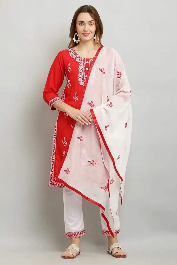 Red_Rayon_Kurti_With_Dupatta_And_Bottom_Wear_3_Piece_Set_For_Women