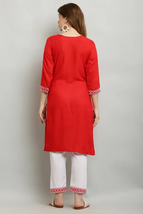 Red_Rayon_Kurti_With_Dupatta_And_Bottom_Wear_3_Piece_Set_For_Women