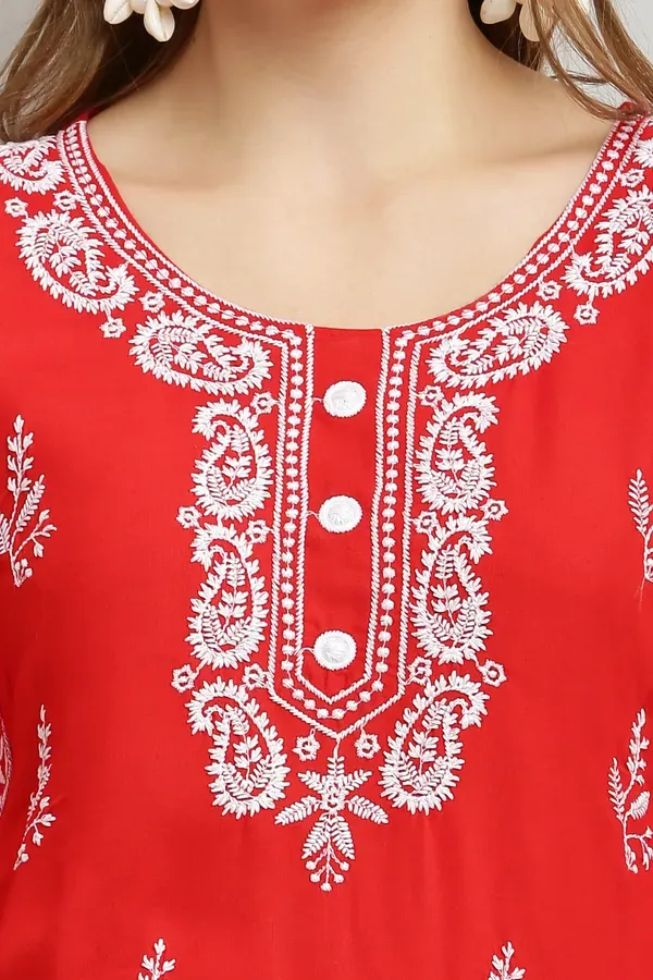 Red_Rayon_Kurti_With_Dupatta_And_Bottom_Wear_3_Piece_Set_For_Women