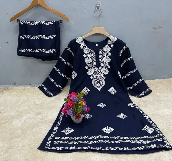 Blue_Chikankari_Kurti_With_Matching_Printed_Plazzo_Suit_2ps_For_Women