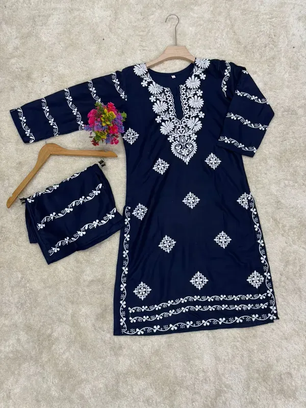 Blue_Chikankari_Kurti_With_Matching_Printed_Plazzo_Suit_2ps_For_Women