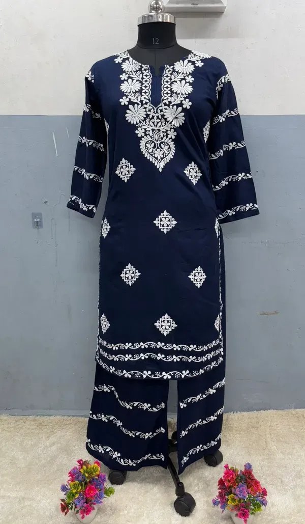 Blue_Chikankari_Kurti_With_Matching_Printed_Plazzo_Suit_2ps_For_Women