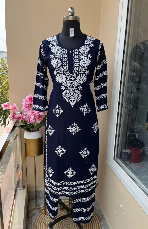 Blue_Chikankari_Kurti_With_Matching_Printed_Plazzo_Suit_2ps_For_Women
