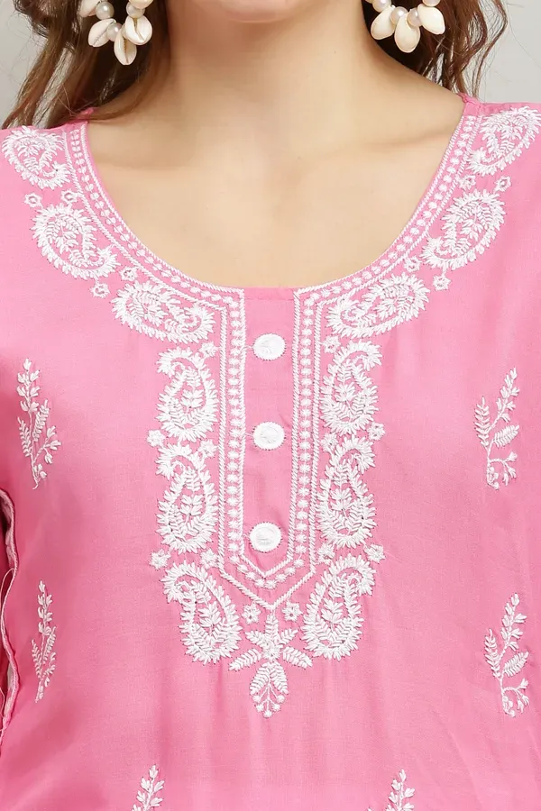 Pink_Rayon_Kurti_With_Dupatta_And_Bottom_Wear_3_Piece_Set_For_Women