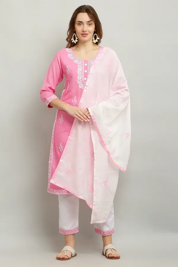 Pink_Rayon_Kurti_With_Dupatta_And_Bottom_Wear_3_Piece_Set_For_Women