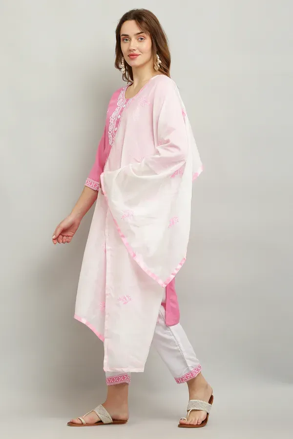 Pink_Rayon_Kurti_With_Dupatta_And_Bottom_Wear_3_Piece_Set_For_Women