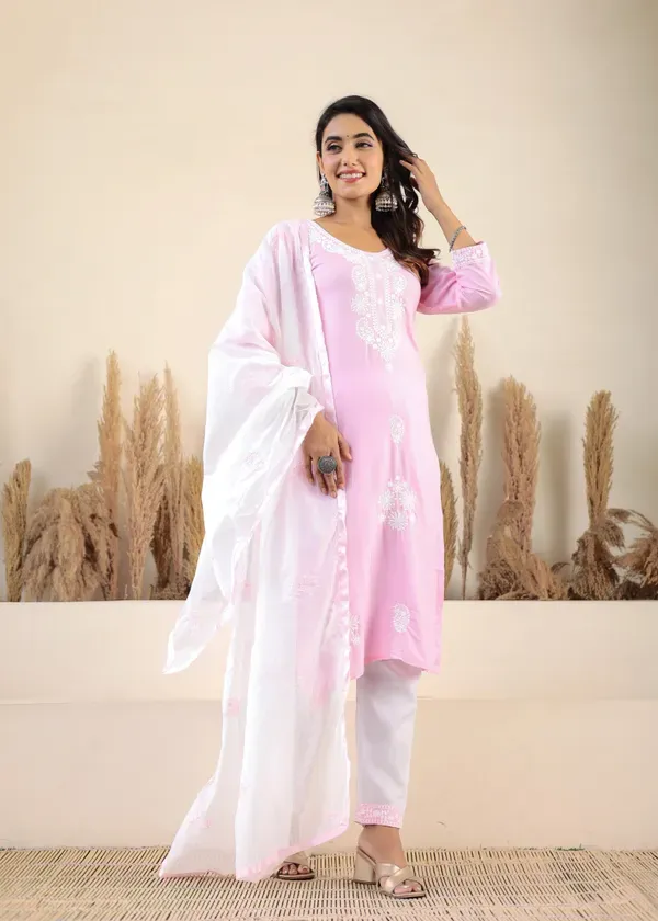 Baby_Pink_Rayon_Chikankari_Kurti_With_Dupatta_And_Bottom_Wear_3_Piece_Set_For_Women