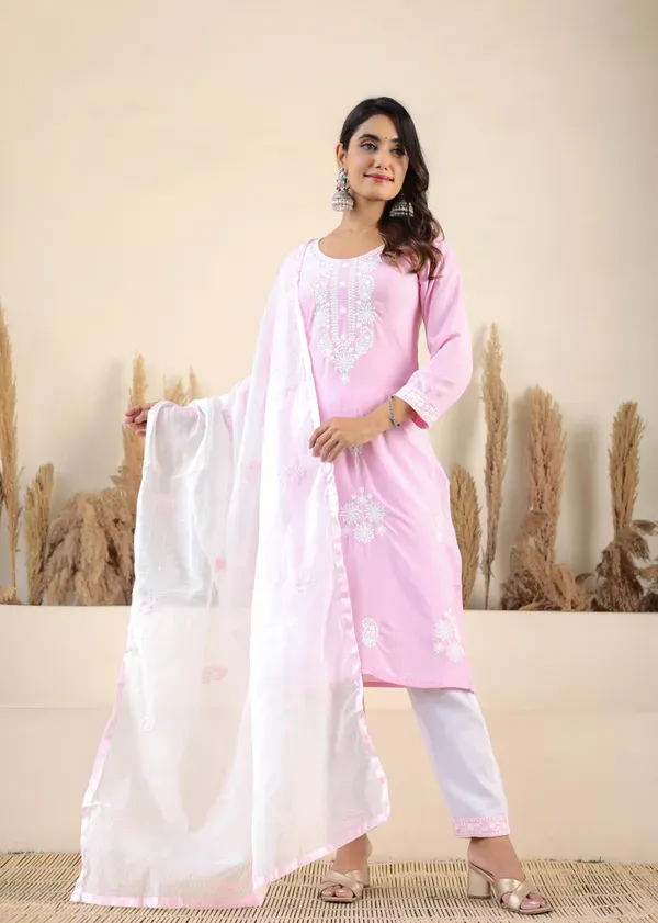 Baby_Pink_Rayon_Chikankari_Kurti_With_Dupatta_And_Bottom_Wear_3_Piece_Set_For_Women