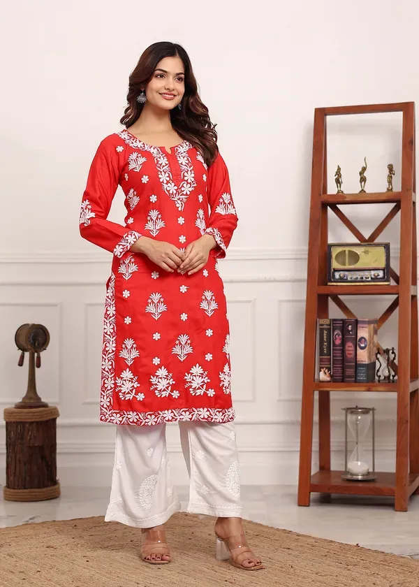 Gajari_Embroidered_Chikan_Kurta_With_Plazzo_Ethnic_Indian_Wear_Chikankari_Work
