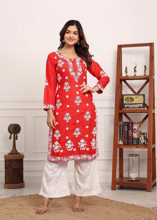 Gajari_Embroidered_Chikan_Kurta_With_Plazzo_Ethnic_Indian_Wear_Chikankari_Work