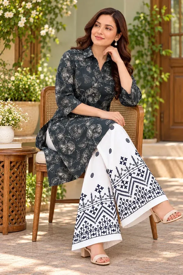 Mehndi_Buy_Ethnic_Printed_Kurti_And_Chikankari_Work_White_Plazzo