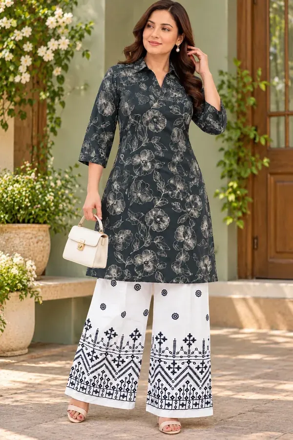 Mehndi_Buy_Ethnic_Printed_Kurti_And_Chikankari_Work_White_Plazzo