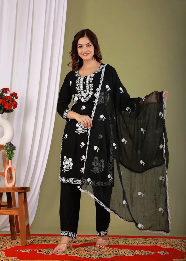 Black_Rayon_Embroidered_Kurta_Pant_With_Dupatta_Set_For_Women