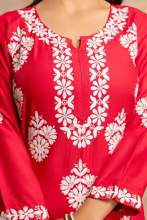 Dark_Pink_Floral_Embroidered_Round_Neck_Chikankari_Straight_Kurta_With_Pala