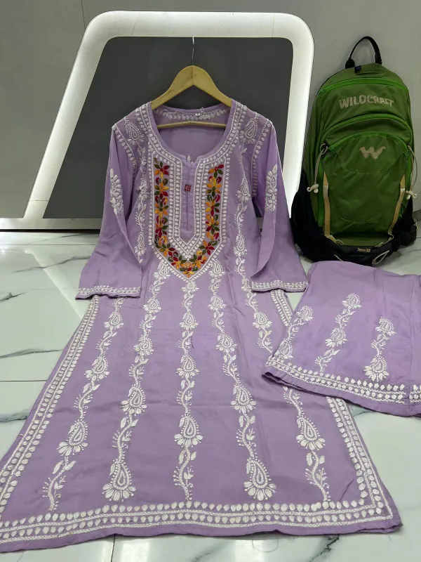 Light_Purple_Royal_Multi_Thread_Chikankari_Kurti_Plazzo_Set
