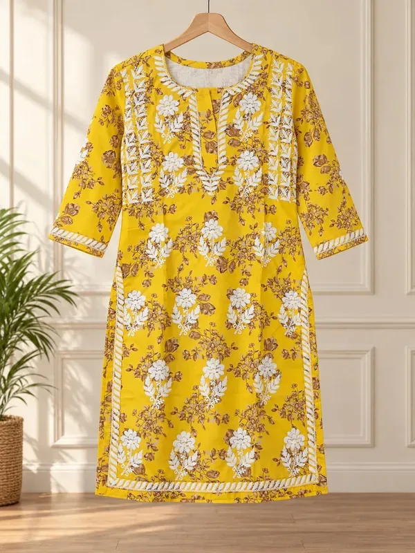 Yellow_Mulmul_Cotton_Printed_Chikankari_Kurta_And_Plazzo_Set