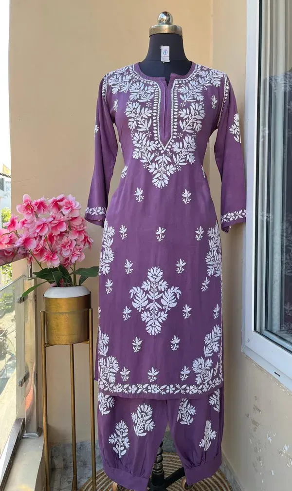 Magenta_Chikankari_Reyon_Kurti_With_Afgani_Salwar_Suit