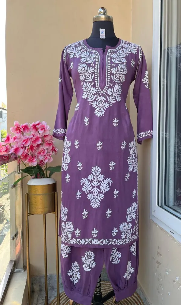 Magenta_Chikankari_Reyon_Kurti_With_Afgani_Salwar_Suit