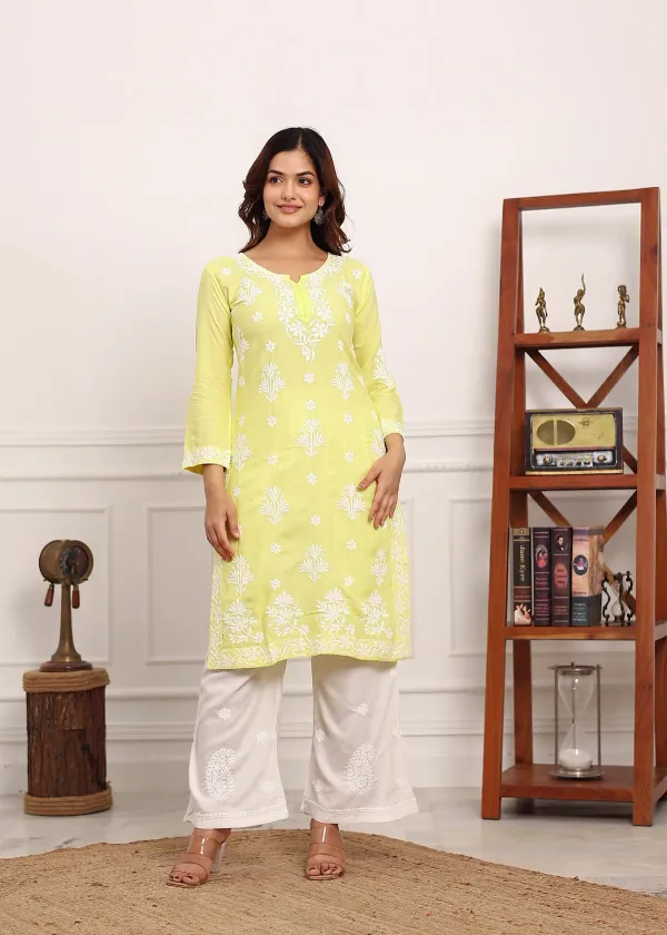 Light_Lemon_Embroidered_Chikan_Kurta_With_Plazzo_Ethnic_Indian_Wear_Chikankari_Work