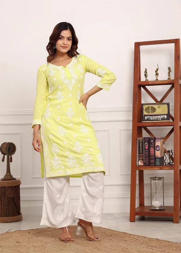 Light_Lemon_Embroidered_Chikan_Kurta_With_Plazzo_Ethnic_Indian_Wear_Chikankari_Work