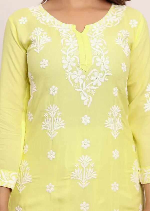 Light_Lemon_Embroidered_Chikan_Kurta_With_Plazzo_Ethnic_Indian_Wear_Chikankari_Work