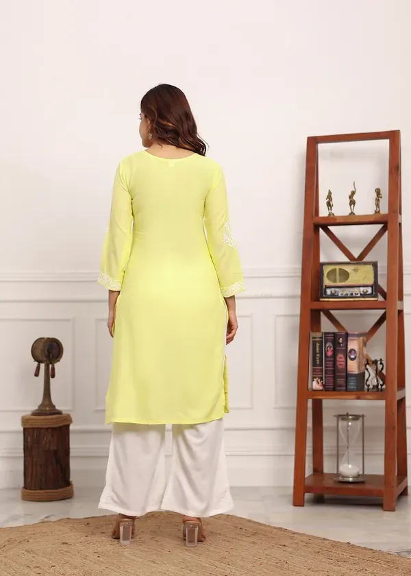 Light_Lemon_Embroidered_Chikan_Kurta_With_Plazzo_Ethnic_Indian_Wear_Chikankari_Work