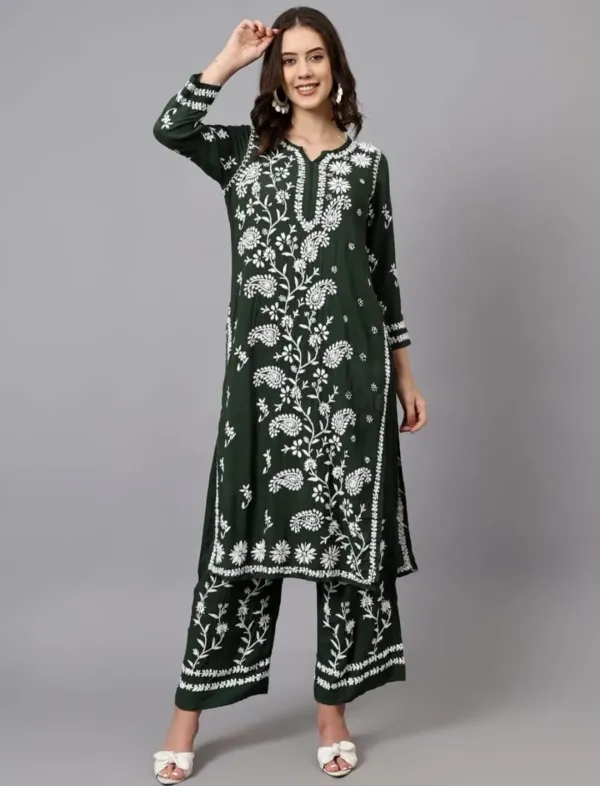 Green_Ethnic_Wear_Chikankari_Work_Kurti_And_Plazzo_Set