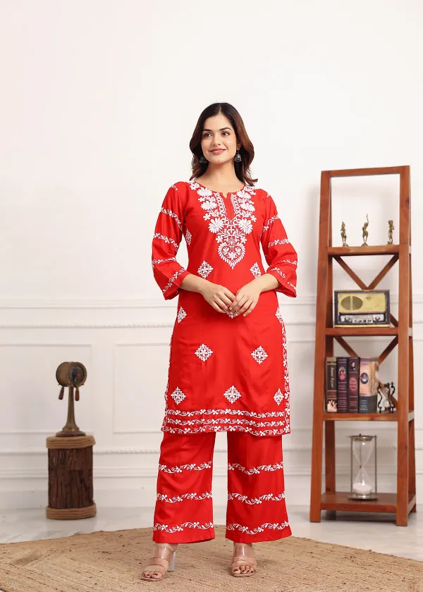 Red_Women_S_Rayon_Chikankari_Work_Straight_Kurta_Palazzo_Set_For_Women