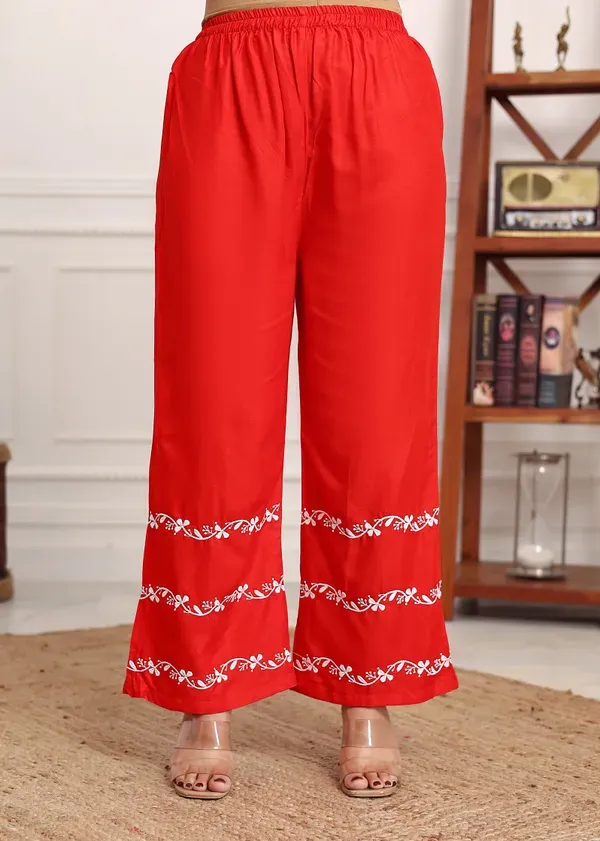 Red_Women_S_Rayon_Chikankari_Work_Straight_Kurta_Palazzo_Set_For_Women