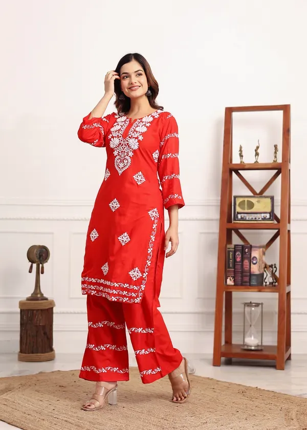 Red_Women_S_Rayon_Chikankari_Work_Straight_Kurta_Palazzo_Set_For_Women