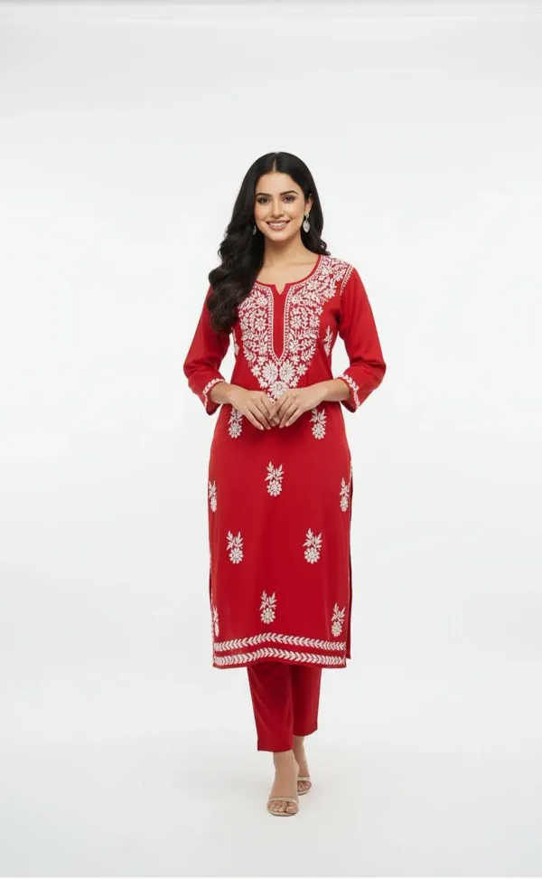 Red_Floral_Embroidered_Regular_Chikankari_Kurta_With_Trousers