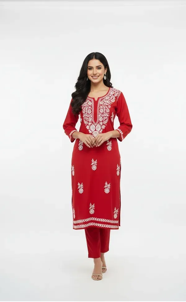 Red_Floral_Embroidered_Regular_Chikankari_Kurta_With_Trousers