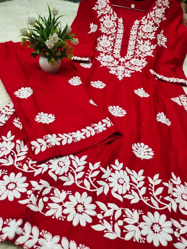 Red_Women_Embroidery_Chikankari_Kurti_Plazzo_Set