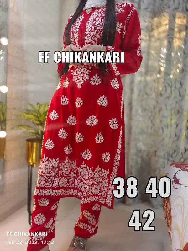 Red_Women_Embroidery_Chikankari_Kurti_Plazzo_Set