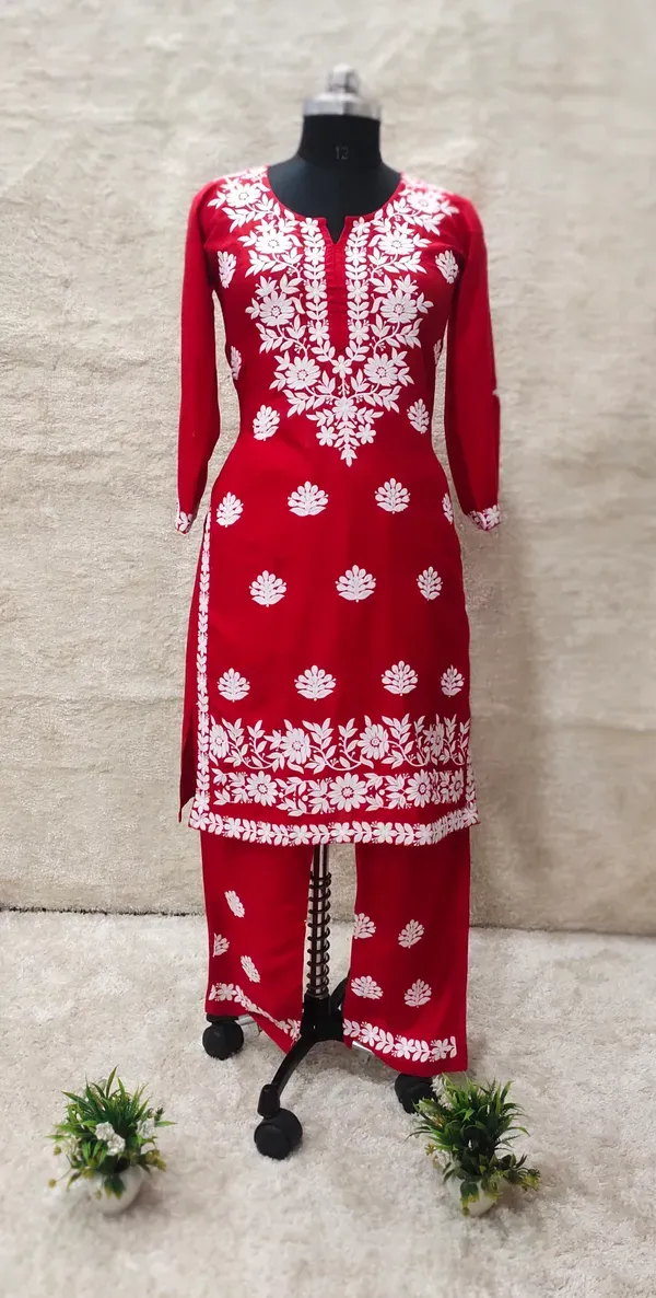 Red_Women_Embroidery_Chikankari_Kurti_Plazzo_Set