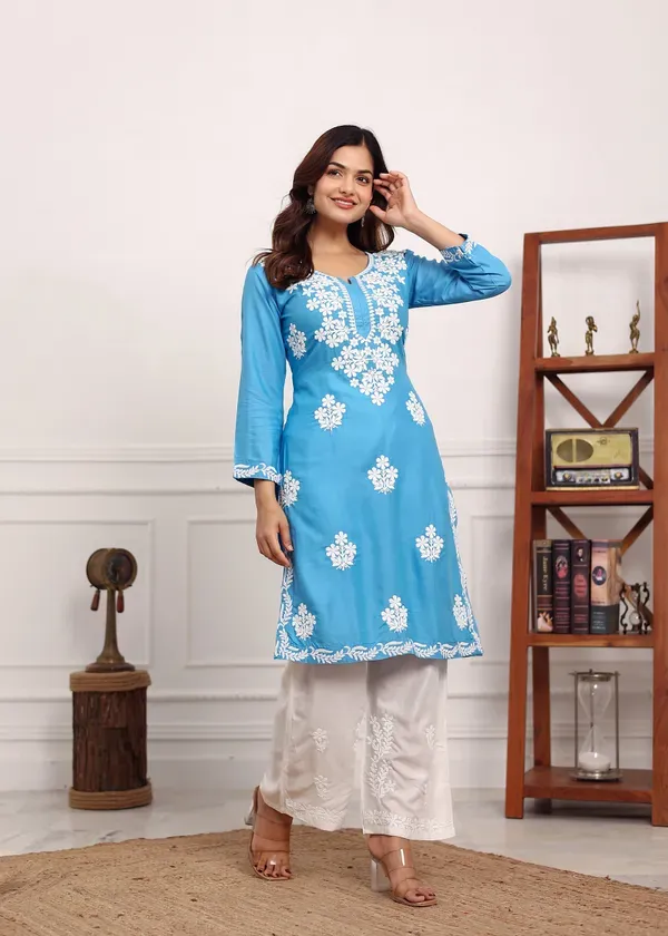 D_Sky_Chikan_Kurta_For_Women_Rayon_Straight_Chikankari_Kurti_And_White_Plaz