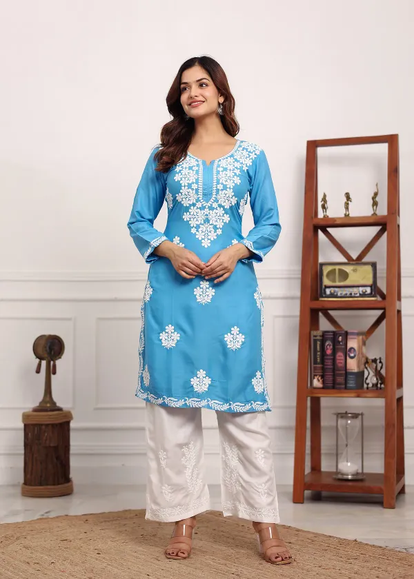 D_Sky_Chikan_Kurta_For_Women_Rayon_Straight_Chikankari_Kurti_And_White_Plaz