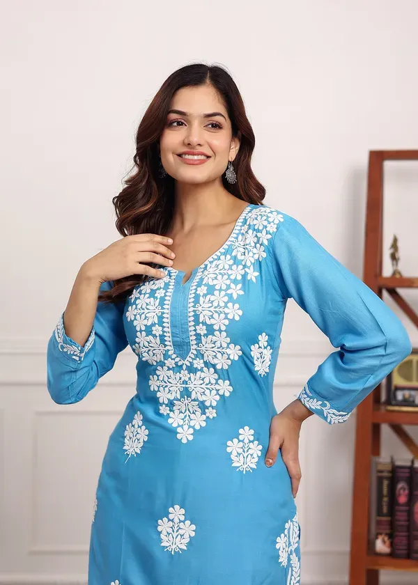 D_Sky_Chikan_Kurta_For_Women_Rayon_Straight_Chikankari_Kurti_And_White_Plaz