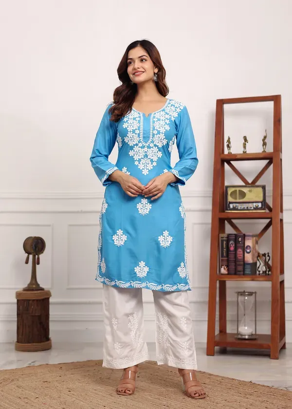 D_Sky_Chikan_Kurta_For_Women_Rayon_Straight_Chikankari_Kurti_And_White_Plaz
