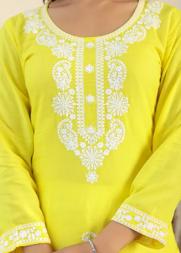 Lemon_Rayon_Chikankari_Kurti_With_Dupatta_And_Bottom_Wear_3_Piece_Set_For_Women