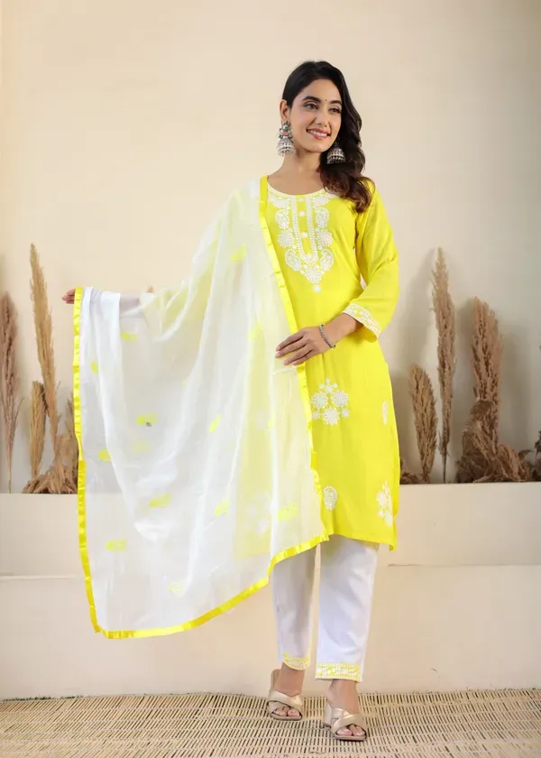 Lemon_Rayon_Chikankari_Kurti_With_Dupatta_And_Bottom_Wear_3_Piece_Set_For_Women