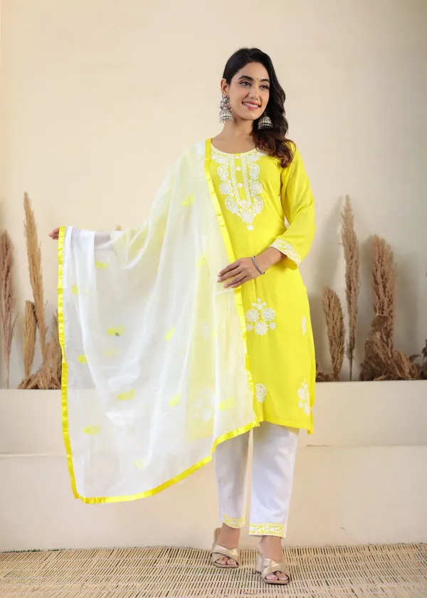 Lemon_Rayon_Chikankari_Kurti_With_Dupatta_And_Bottom_Wear_3_Piece_Set_For_Women