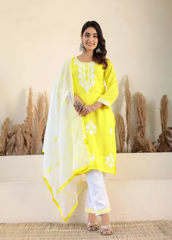 Lemon_Rayon_Chikankari_Kurti_With_Dupatta_And_Bottom_Wear_3_Piece_Set_For_Women