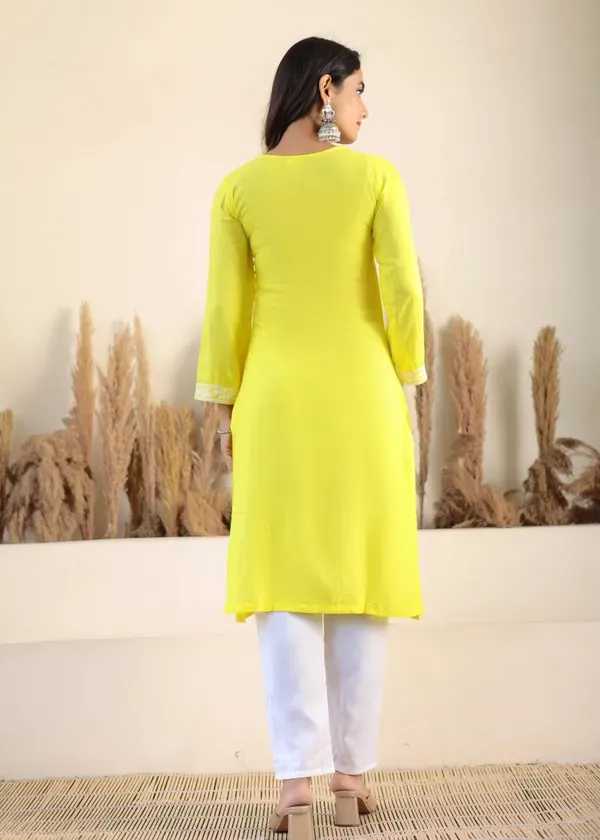 Lemon_Rayon_Chikankari_Kurti_With_Dupatta_And_Bottom_Wear_3_Piece_Set_For_Women