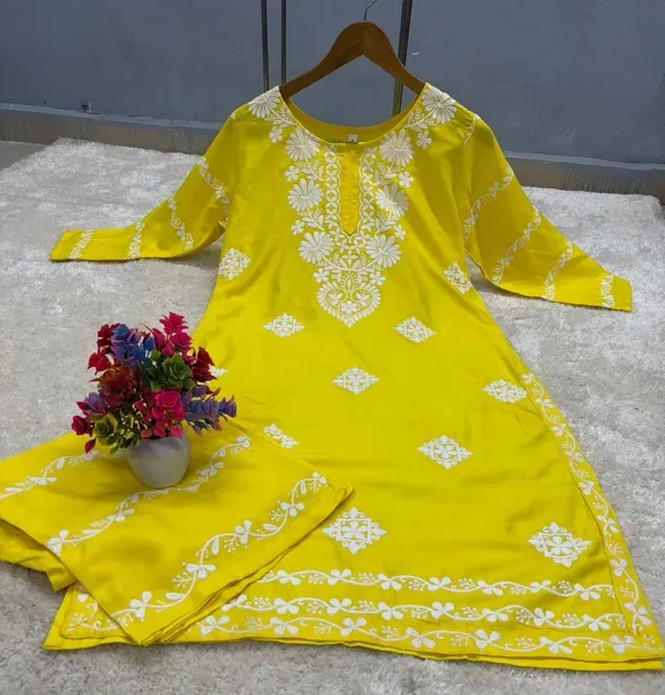 Lemon_Chikankari_Kurti_With_Matching_Printed_Plazzo_Suit_2ps_For_Women