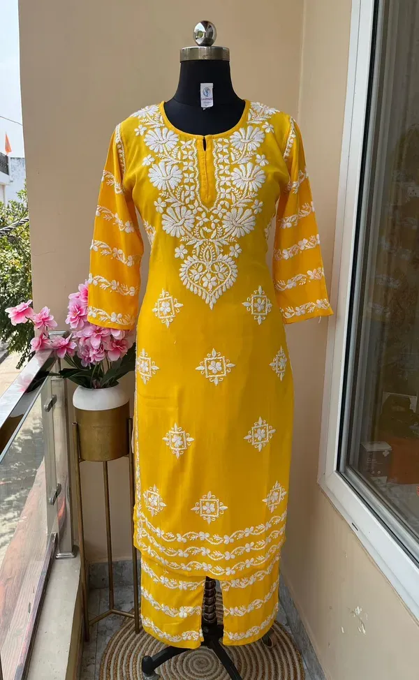 Lemon_Chikankari_Kurti_With_Matching_Printed_Plazzo_Suit_2ps_For_Women