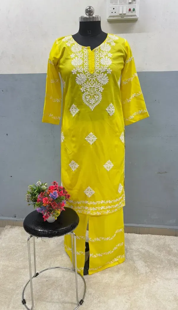 Lemon_Chikankari_Kurti_With_Matching_Printed_Plazzo_Suit_2ps_For_Women